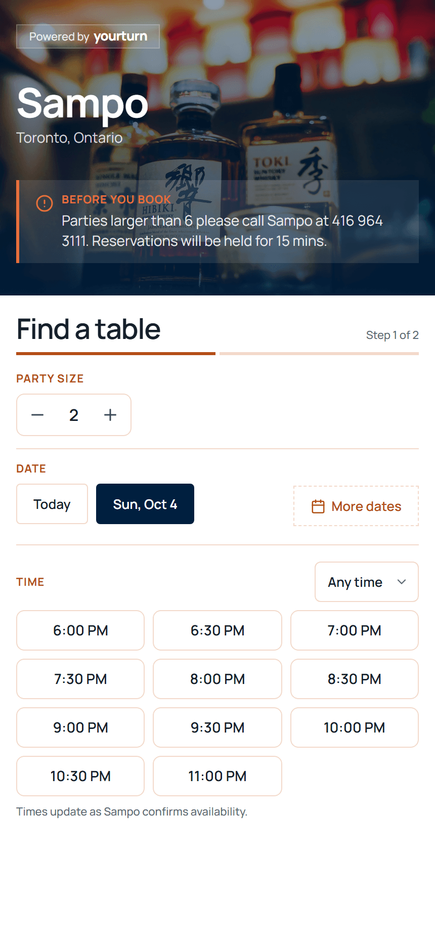 Sampo’s yourturn booking page, with party size, date selection and available reservation times.